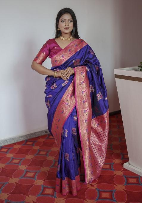 Violet Woven Design Banarasi Saree Set