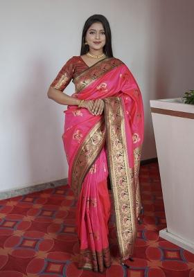 Pink Woven Design Banarasi Saree Set