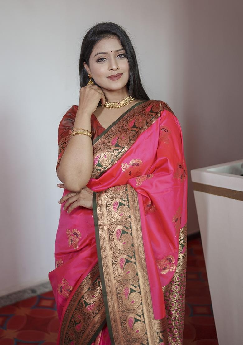 Pink Woven Design Banarasi Saree Set - Indya