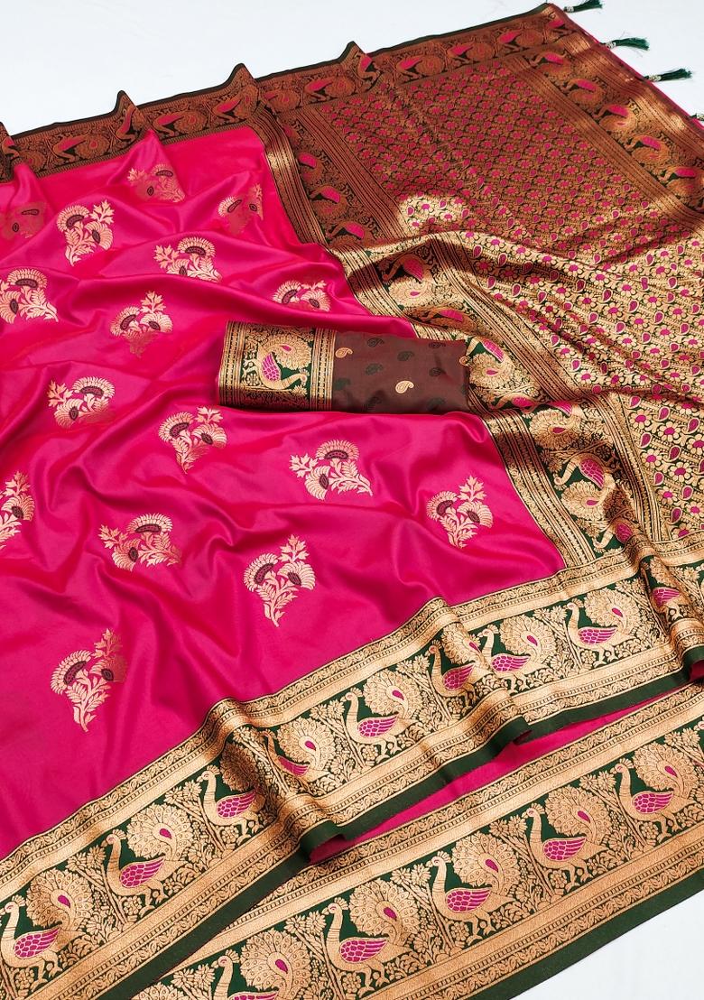 Pink Woven Design Banarasi Saree Set - Indya