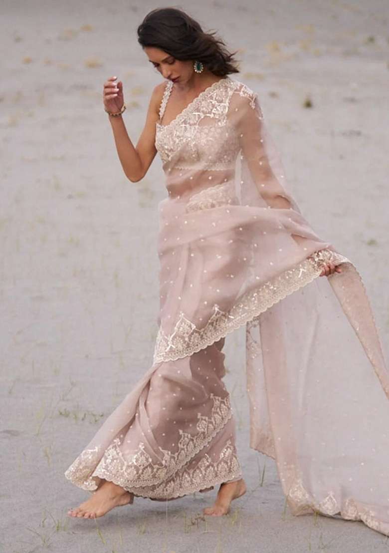 Beige Embroidery Organza Saree Set - Indya