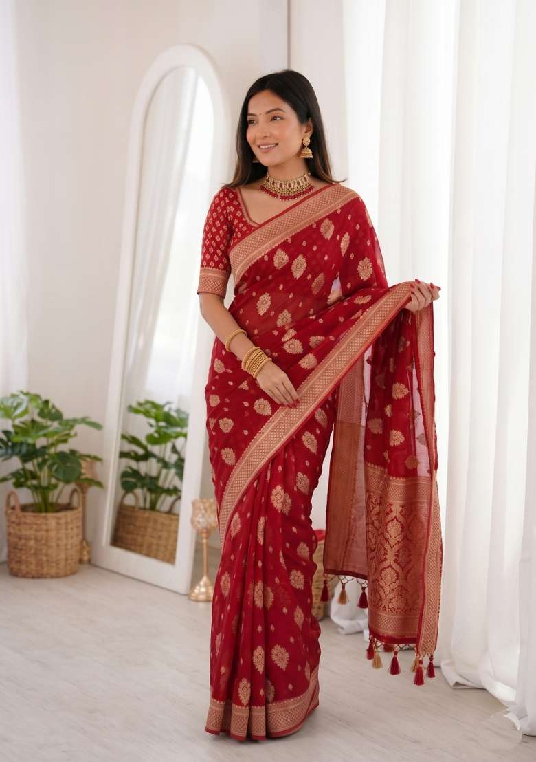 Red Embroidery Silk Saree Set - Indya
