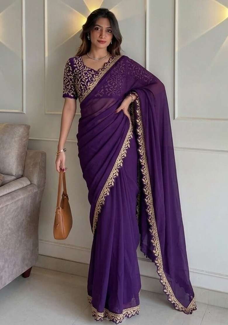 Purple Embroidery Silk Saree Set - Indya
