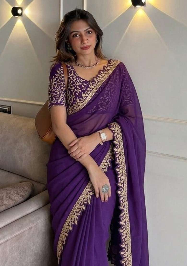 Purple Embroidery Silk Saree Set - Indya