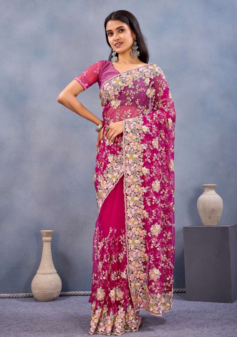 Rani Embroidery Net Saree Set - Indya