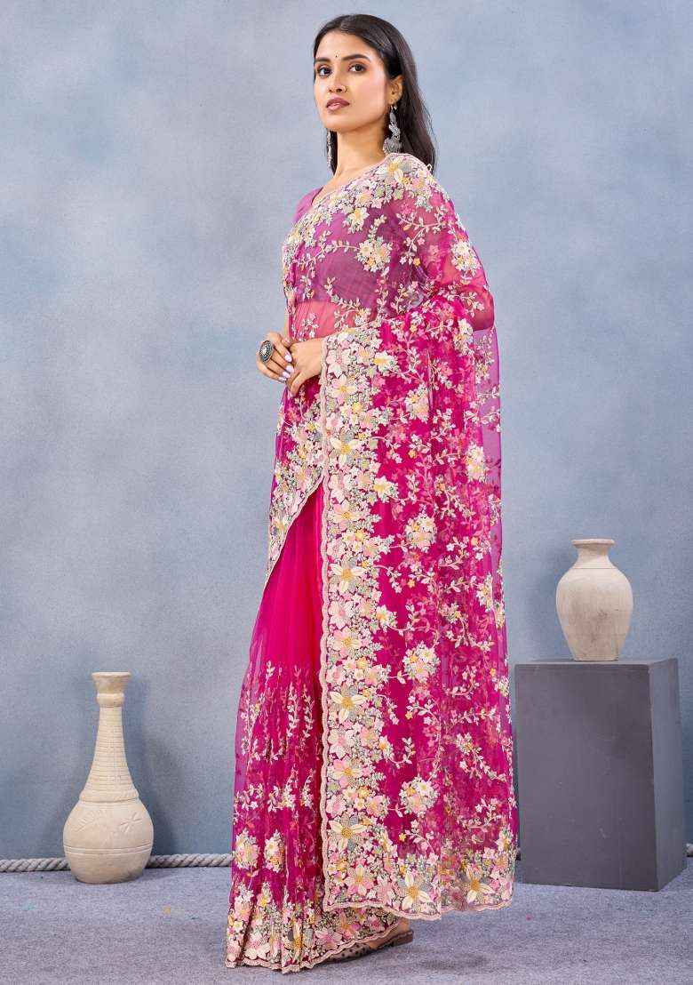 Rani Embroidery Net Saree Set - Indya