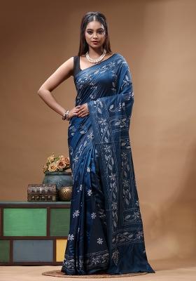 Blue Embroidery Silk Saree Set