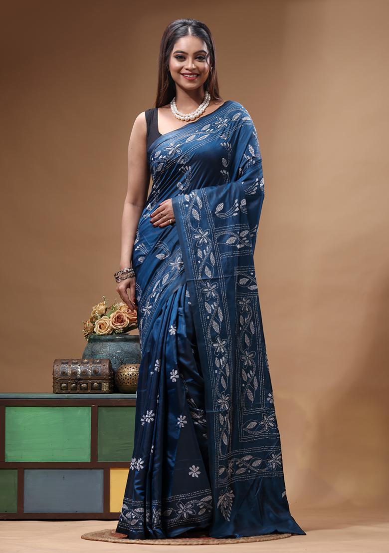 Blue Embroidery Silk Saree Set - Indya