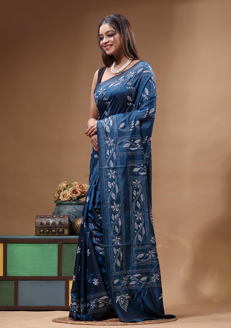Blue Embroidery Silk Saree Set - Indya