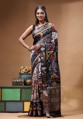 Off White Hand Painted Silk Saree Set