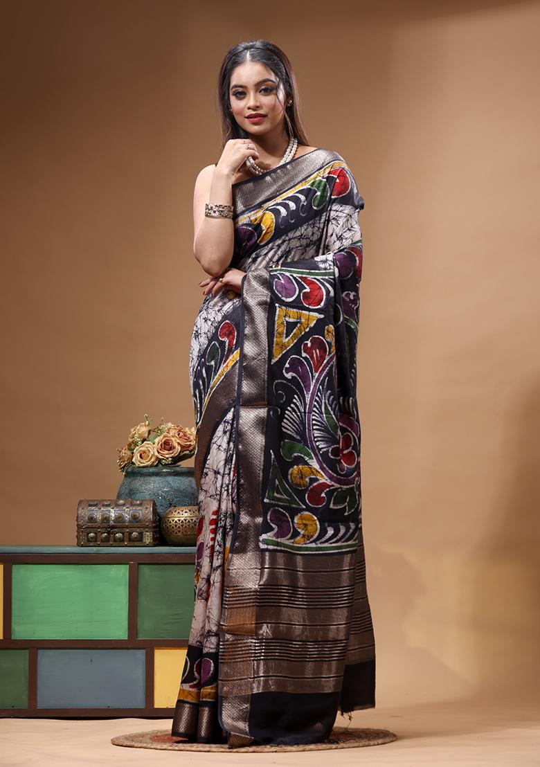 Off White Hand Painted Silk Saree Set - Indya