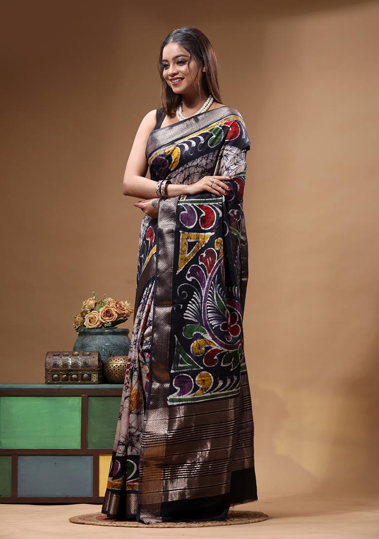 Off White Hand Painted Silk Saree Set - Indya