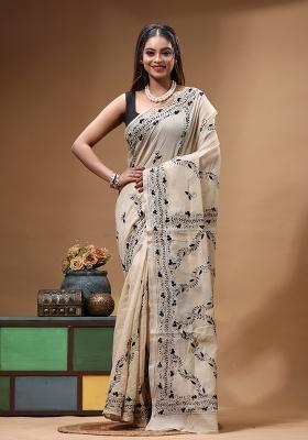 Beige Embroidery Cotton Saree Set
