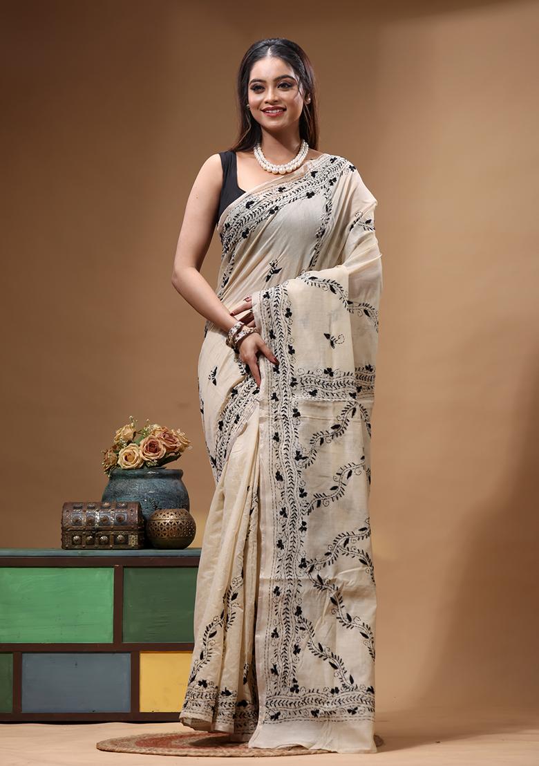 Beige Embroidery Cotton Saree Set - Indya