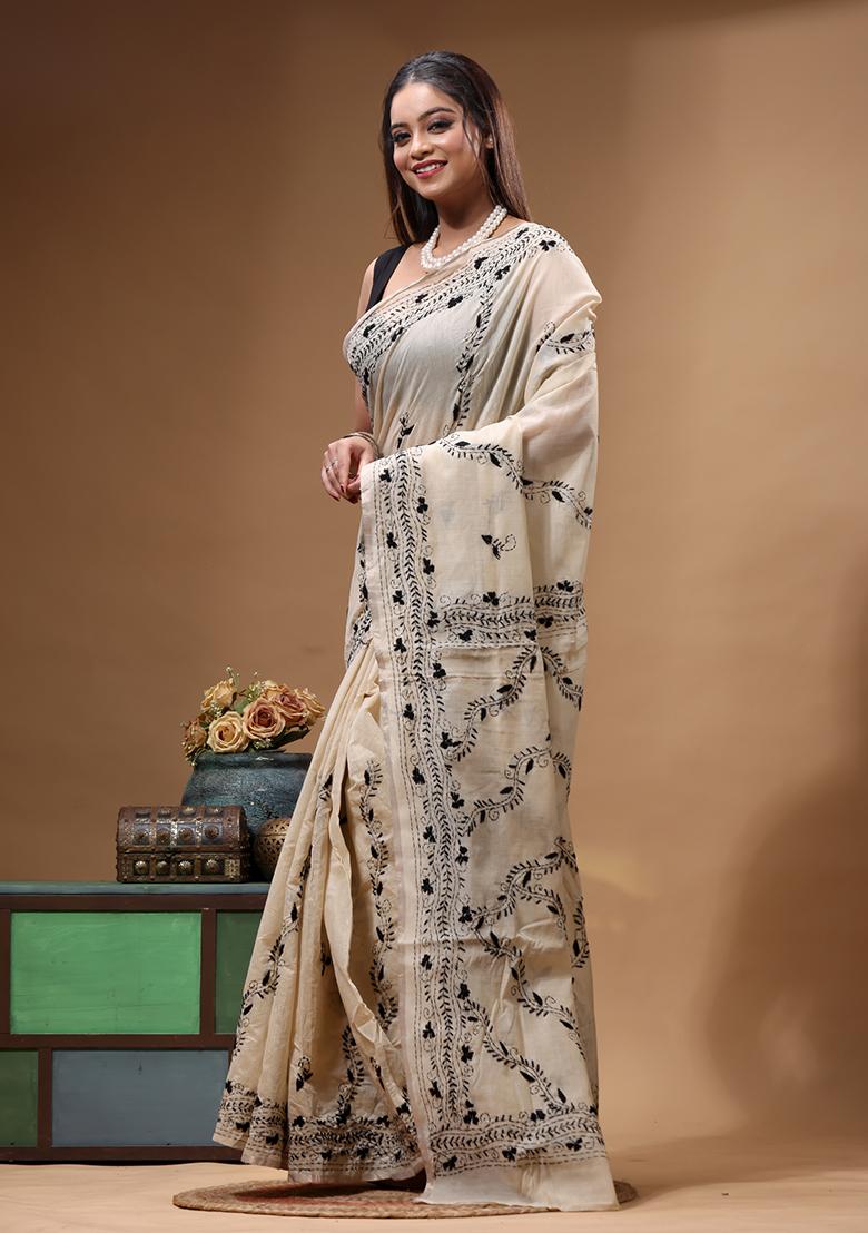 Beige Embroidery Cotton Saree Set - Indya