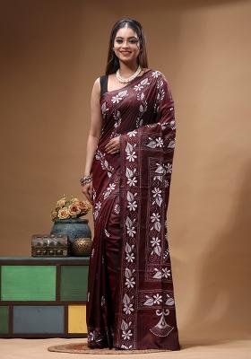 Brown Embroidery Silk Saree Set