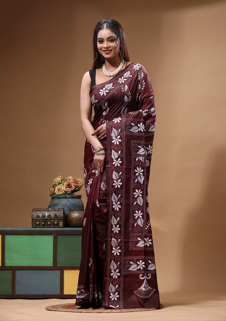 Brown Embroidery Silk Saree Set - Indya