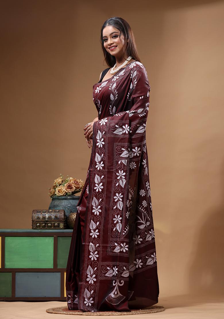 Brown Embroidery Silk Saree Set - Indya