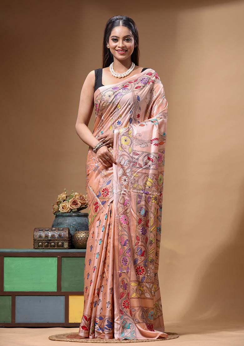 Pink Embroidery Silk Saree Set - Indya
