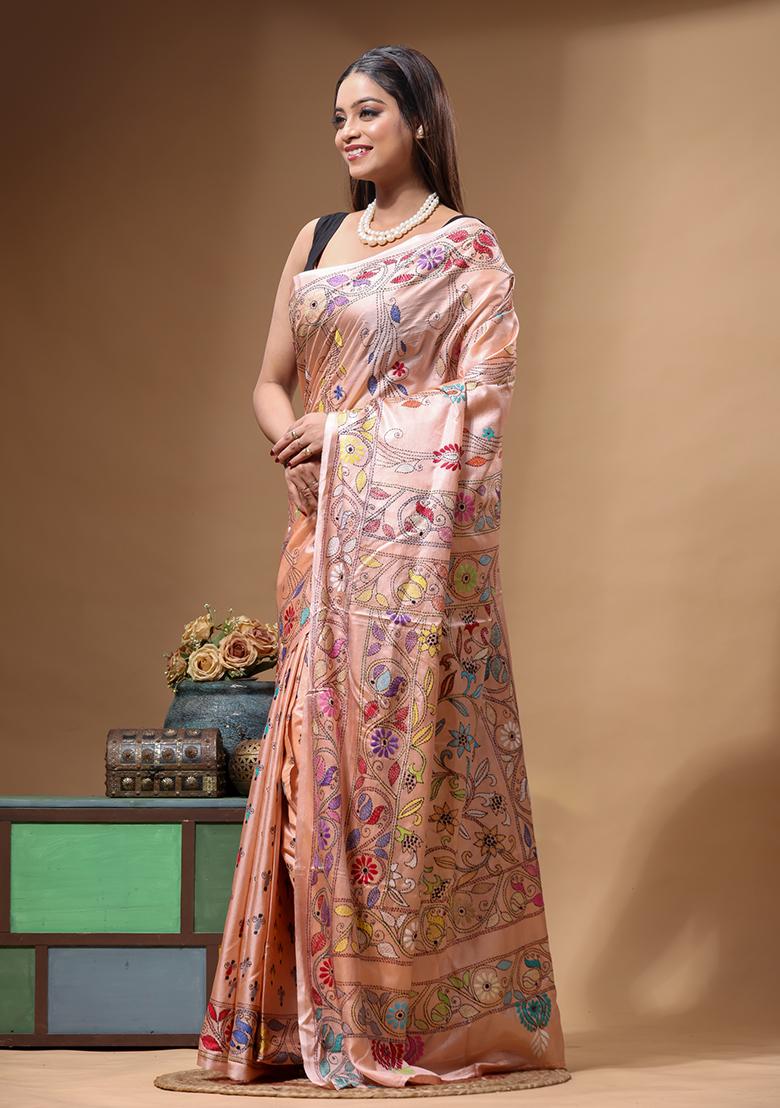 Pink Embroidery Silk Saree Set - Indya