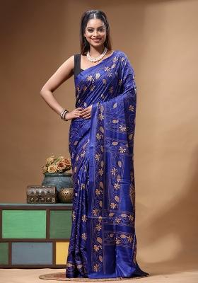 Blue Embroidery Silk Saree Set