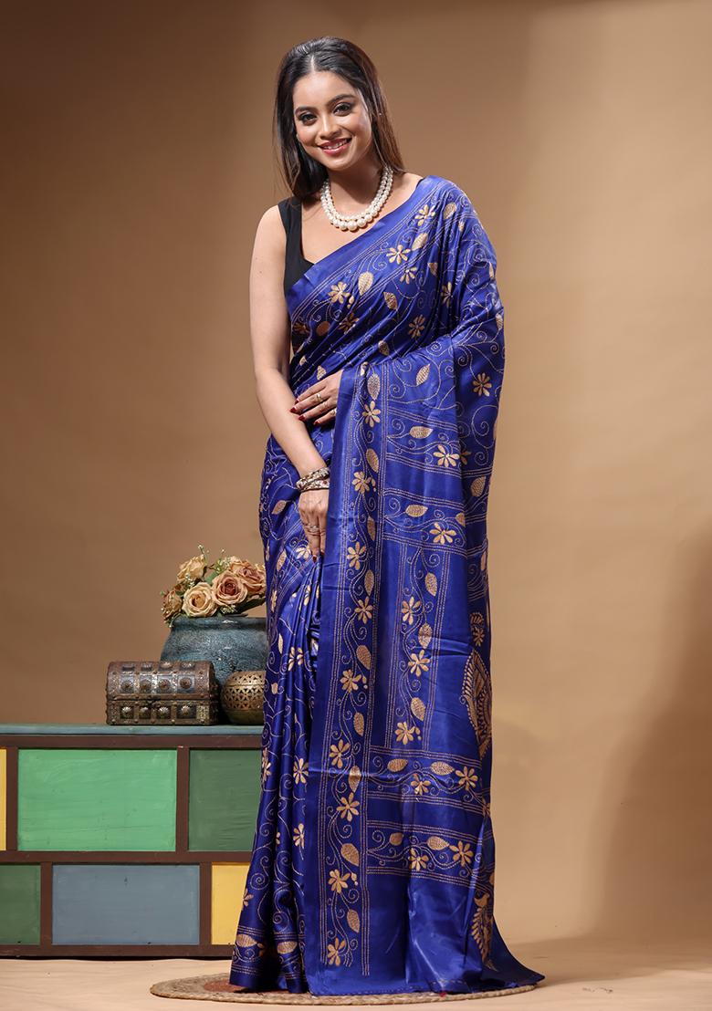 Blue Embroidery Silk Saree Set - Indya