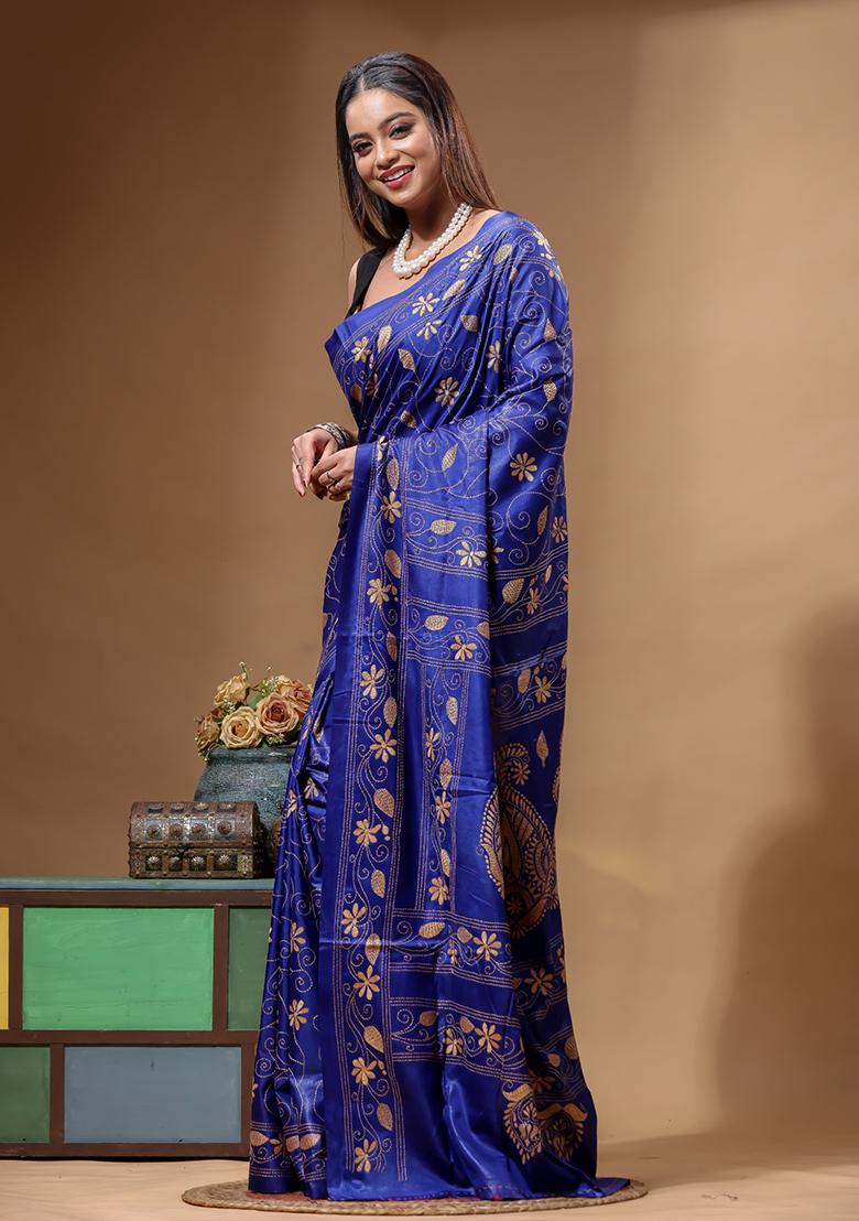 Blue Embroidery Silk Saree Set - Indya