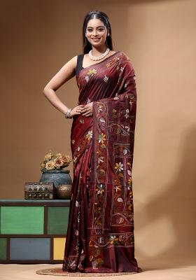 Brown Embroidery Silk Saree Set