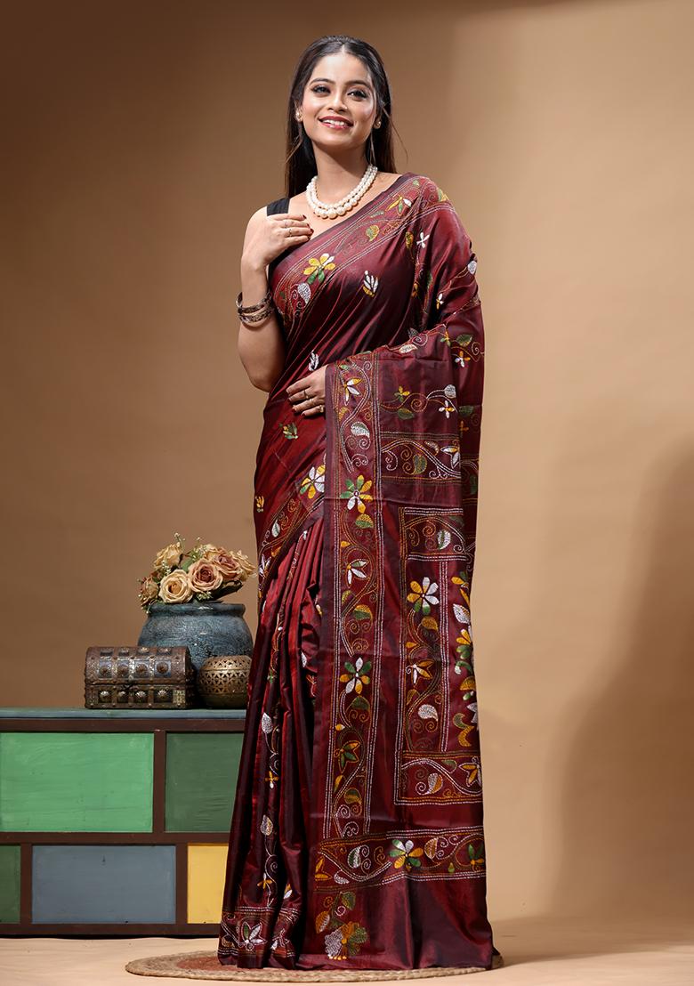 Brown Embroidery Silk Saree Set - Indya