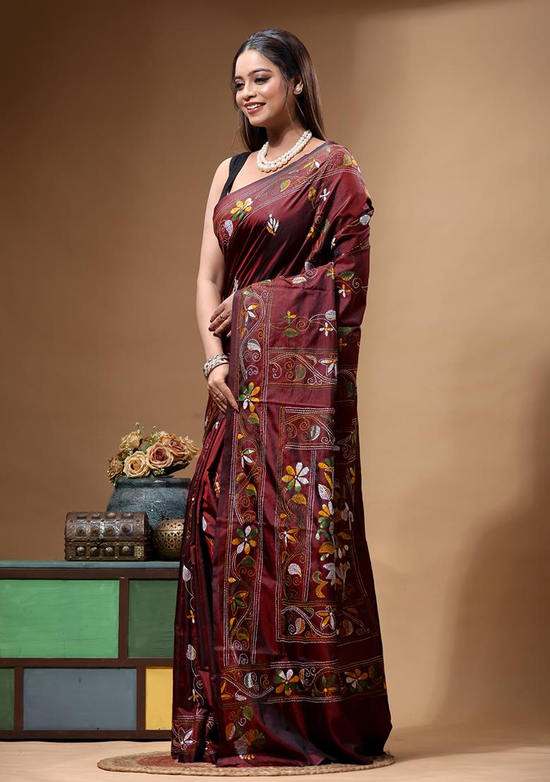 Brown Embroidery Silk Saree Set - Indya