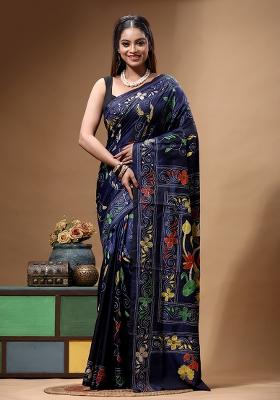 Navy Blue Embroidery Silk Saree Set