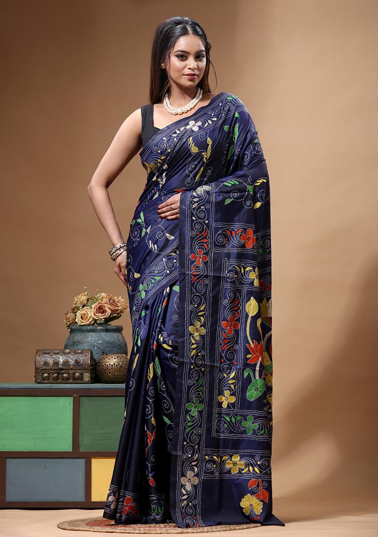 Navy Blue Embroidery Silk Saree Set - Indya
