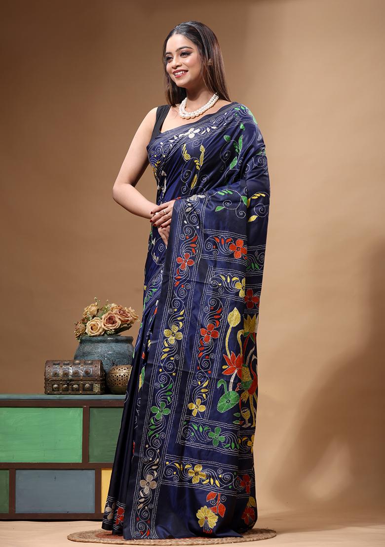 Navy Blue Embroidery Silk Saree Set - Indya