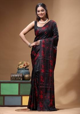 Black Embroidery Silk Saree Set