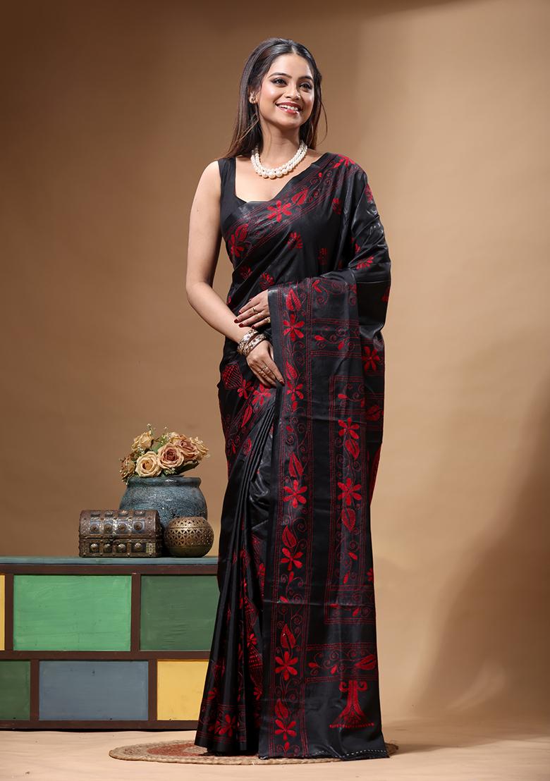 Black Embroidery Silk Saree Set - Indya