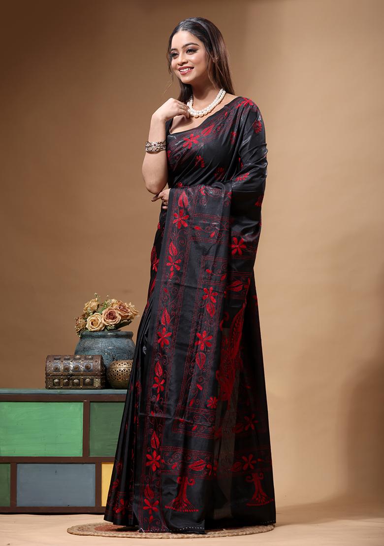 Black Embroidery Silk Saree Set - Indya