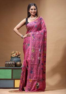 Pink Embroidery Silk Saree Set