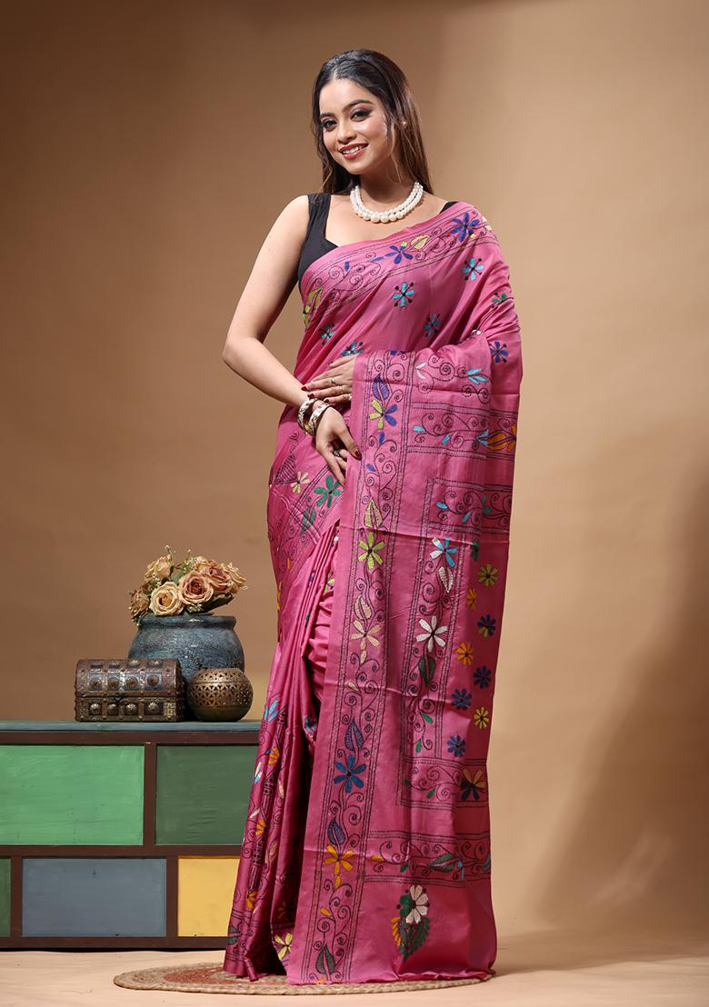 Pink Embroidery Silk Saree Set - Indya