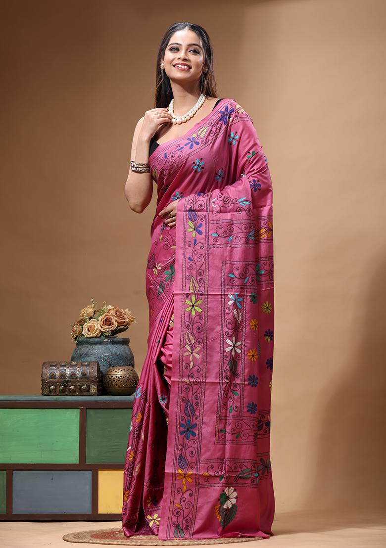 Pink Embroidery Silk Saree Set - Indya