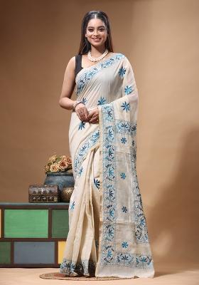 Beige Embroidery Cotton Saree Set