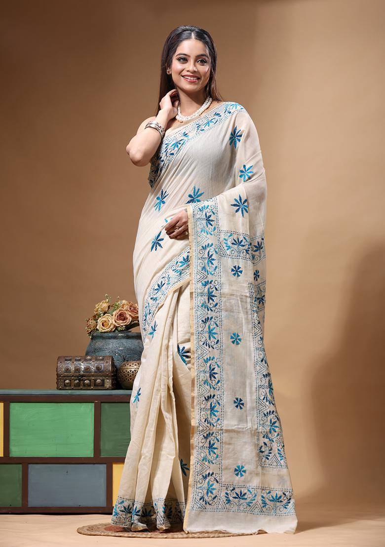 Beige Embroidery Cotton Saree Set - Indya