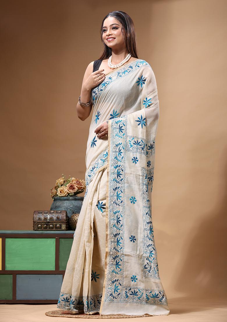 Beige Embroidery Cotton Saree Set - Indya
