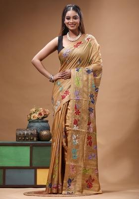 Brown Embroidery Silk Saree Set