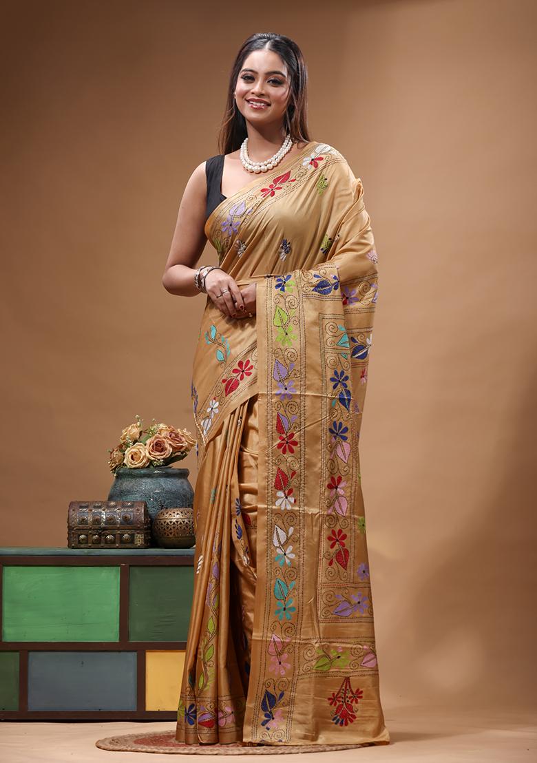 Brown Embroidery Silk Saree Set - Indya