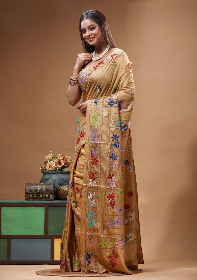 Brown Embroidery Silk Saree Set - Indya