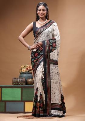 Off White Hand Painted Silk Saree Set