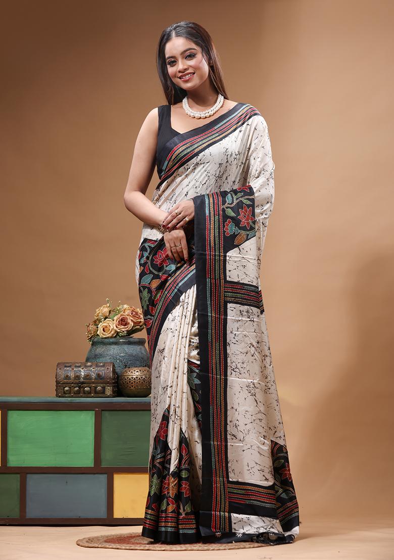 Off White Hand Painted Silk Saree Set - Indya