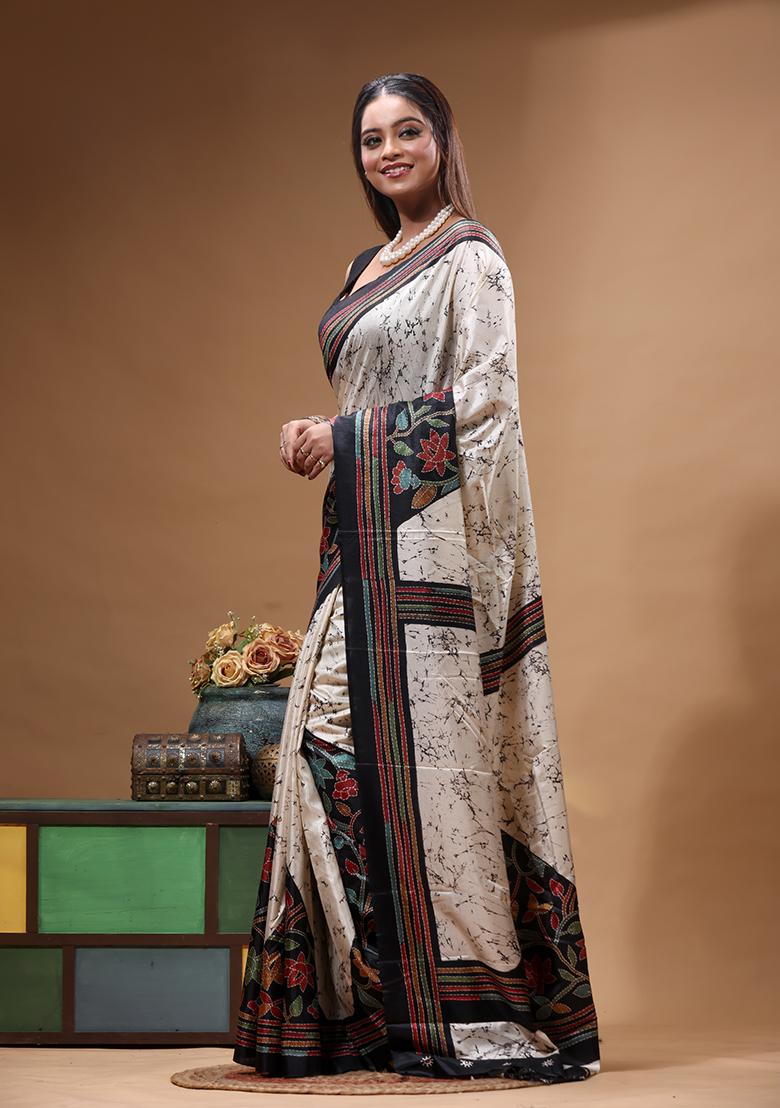 Off White Hand Painted Silk Saree Set - Indya