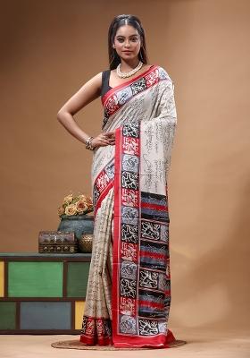Off White Hand Painted Silk Saree Set