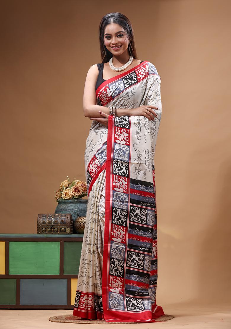 Off White Hand Painted Silk Saree Set - Indya